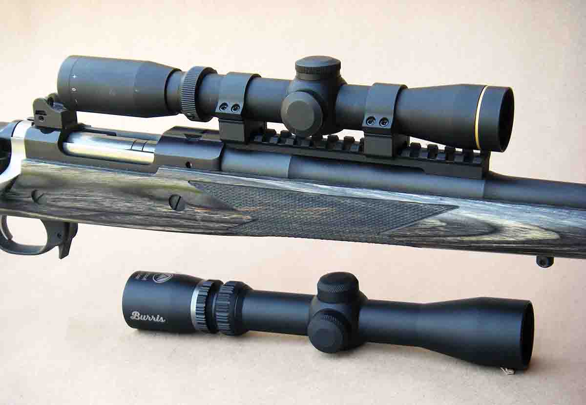 Scout rifles are commonly fitted with compact scopes featuring a one-inch main tube. At top is a Leupold VX-2 Scout 1.5-4x 28mm in QRW rings on a Ruger Gunsite Scout .308 Winchester. At bottom is a Burris Scout 2-7x 32mm with a Ballistic Plex reticle.